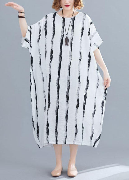 Fitted White O-neck Striped Summer Robe Dresses