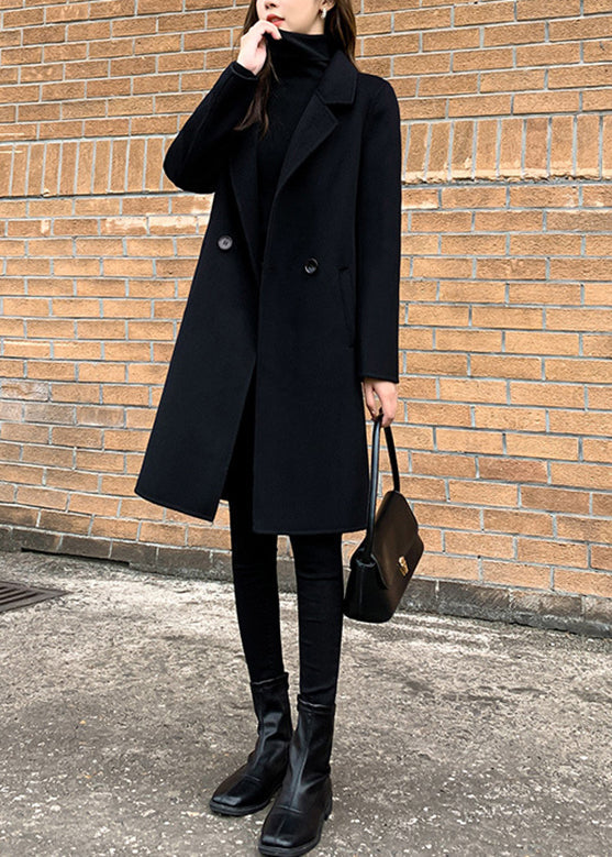 Slim Fit Black Notched Button Woolen Coats Fall