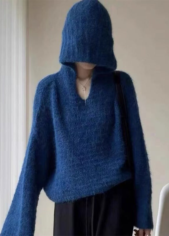 Stylish Blue Hooded Oversized Knit Pullover Spring