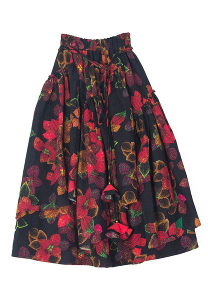 Red Asymmetrical Print Tie Waist Pleated Skirts