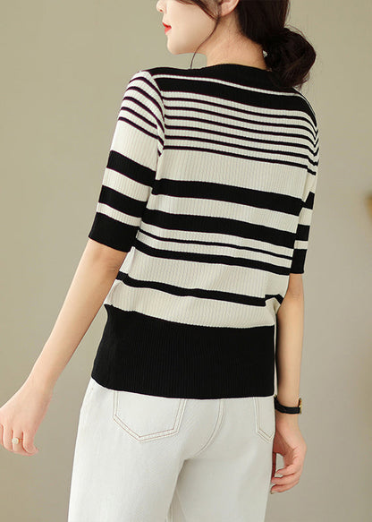 Black White Striped Zippered Knit Cardigan Spring