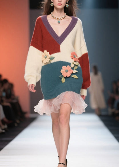Colorblock V Neck Tulle Knit Sweater Dress Fall
