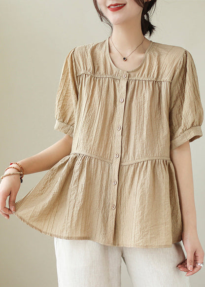 Khaki O-neck Patchwork Wrinkled Cotton Shirt Summer