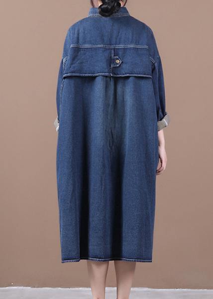 100% Lapel Patchwork Spring Outfit Ideas Denim Blue Long Dress