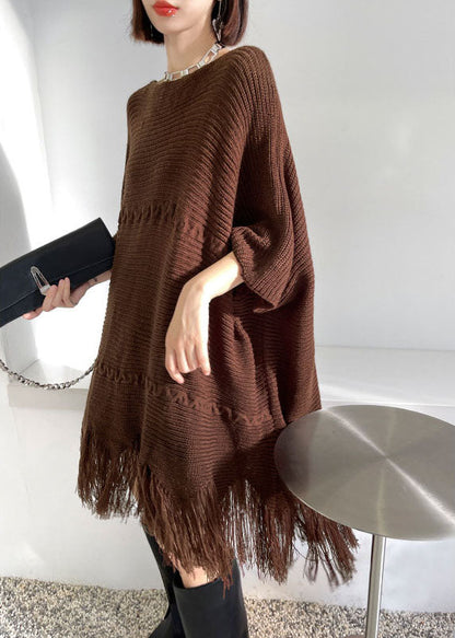 Art Chocolate Tasseled Asymmetrical Design Loose Fall Knit Dress