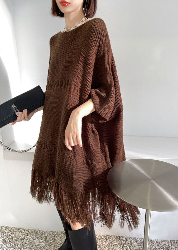 Art Chocolate Tasseled Asymmetrical Design Loose Fall Knit Dress