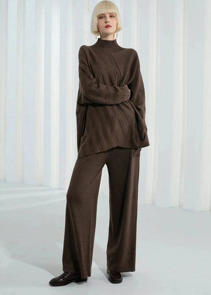 Dark Khaki Turtle Neck Thick Asymmetrical Design Wool Sweater Long Sleeve