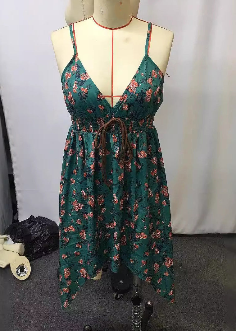 Green Print Low High Design Spaghetti Strap Mid Dress Summer