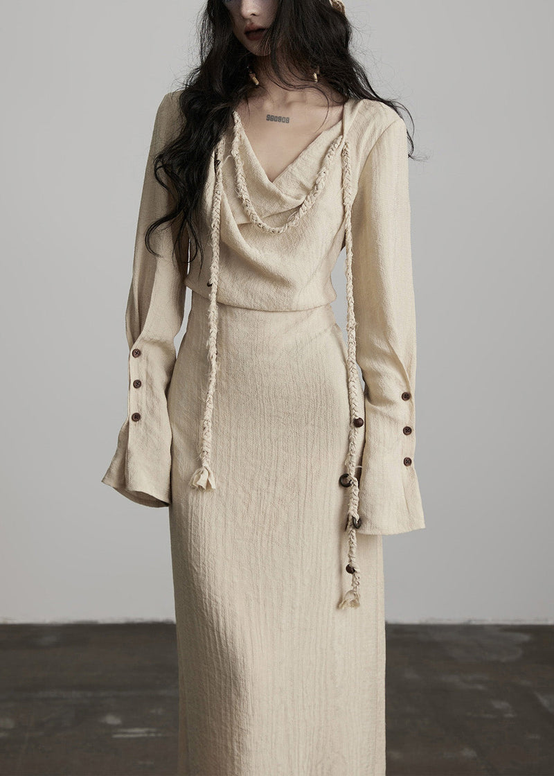 Unique Beige Button Lace Up Cotton Maxi Dress Fall