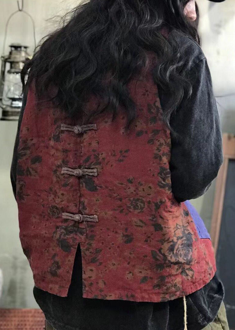 Chinese Style Red Pockets Side Open Patchwork Plaid Linen Vest Spring