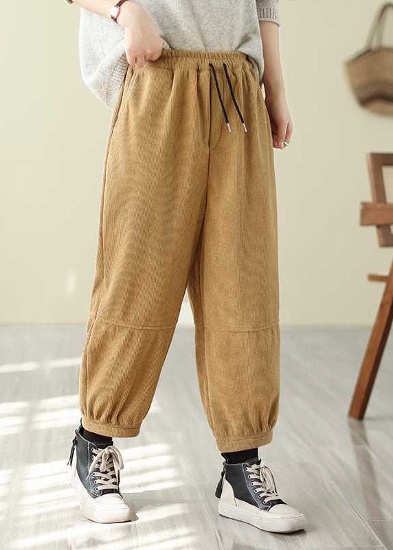 Red Pockets Elastic Waist Corduroy Warm Fleece Pants Spring