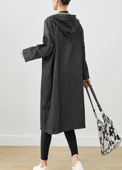 Black Oversized Denim Trench Coats Hooded Pockets Fall
