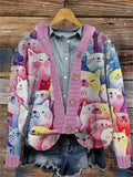 Colorful Cute Cats Embroidered Hooded Cardigan artswardrobe