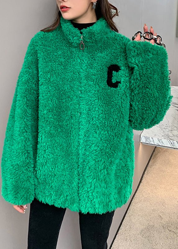 Diy Green Stand Collar Zippered Cozy Faux Fur Coat Long Sleeve