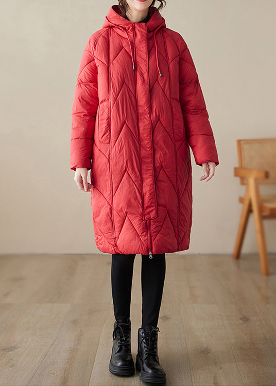 Red Zip Up Hooded Pockets Fine Cotton Filled Witner Coat