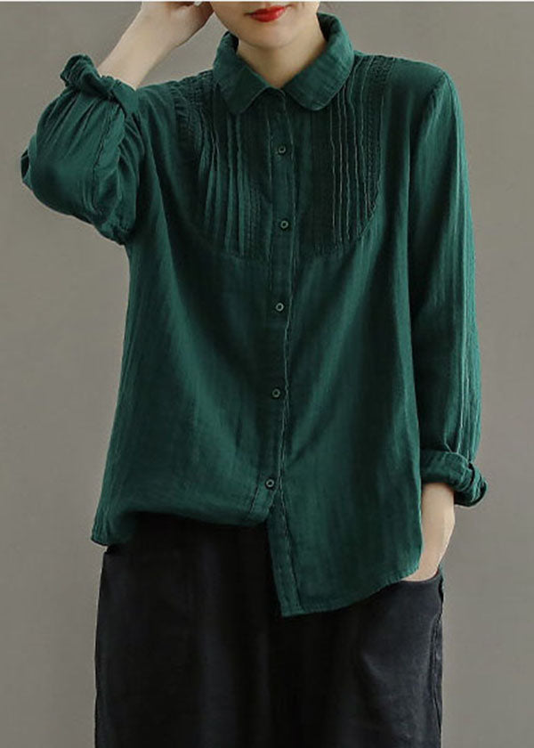 Green Peter Pan Collar Wrinkled Cotton Blouses Long Sleeve