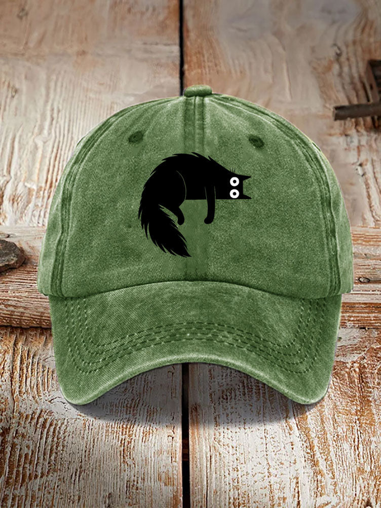 Japanese Art Black Cat Print Washed Hat elevenforest