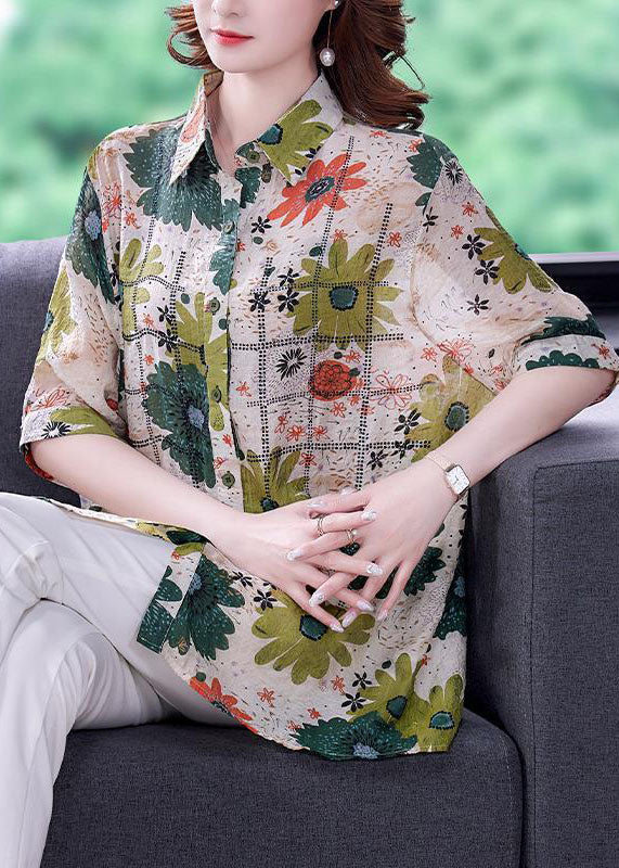 Green Peter Pan Collar Print Silk Top Short Sleeve