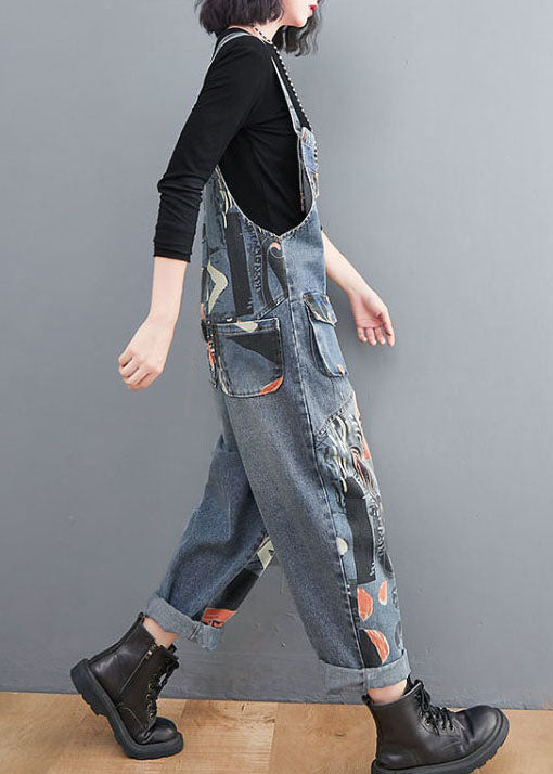 Diy Blue Pockets Print Patchwork Denim Jumpsuit Spring