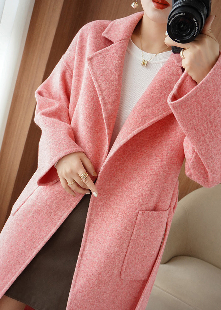 Pink Notched Tie Waist Woolen Maxi Coat Fall
