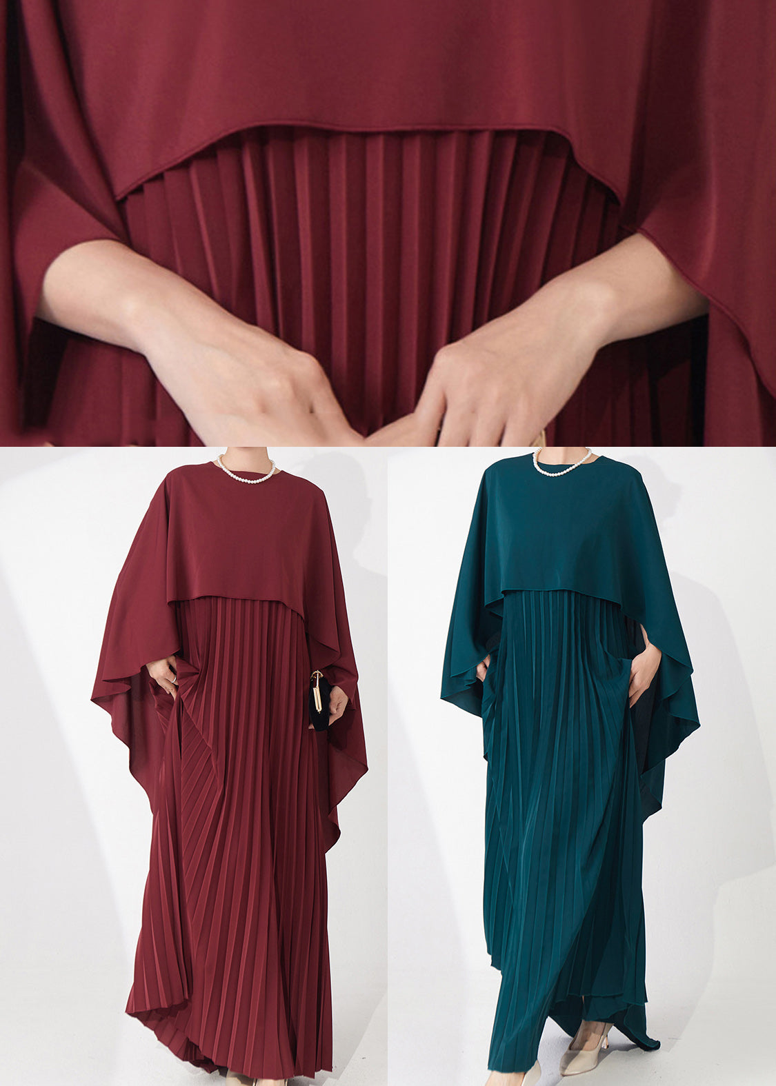 Teal Cape-style Wrinkled Chiffon Party Dress Fall