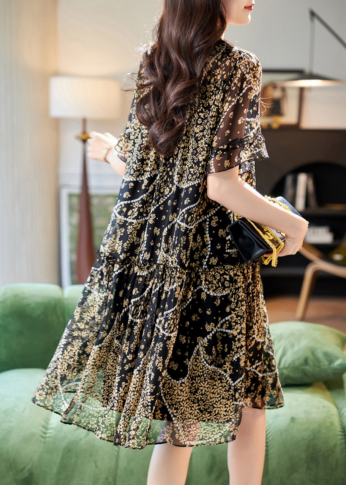 Black O Neck Lace Patchwork Print Chiffon Dress Summer