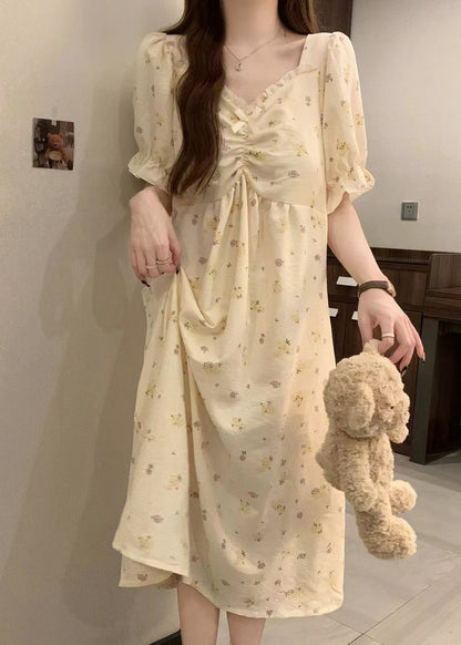 Apricot Print Ruffled Cotton Pajamas Dress V Neck Summer
