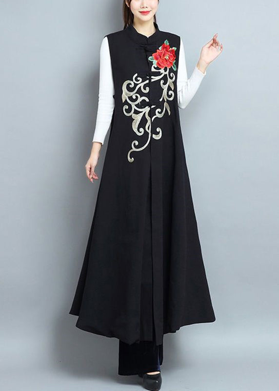 Black Embroideried Side Open Patchwork Cotton Long Waistcoat Sleeveless