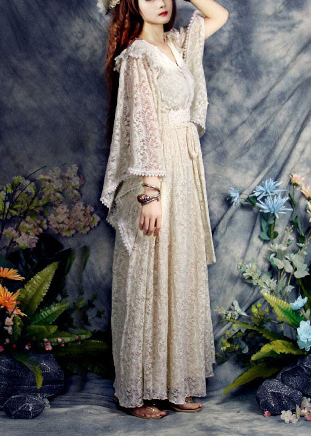 Apricot V Neck Hollow Out Lace Vacation Cinch Dresses Spring