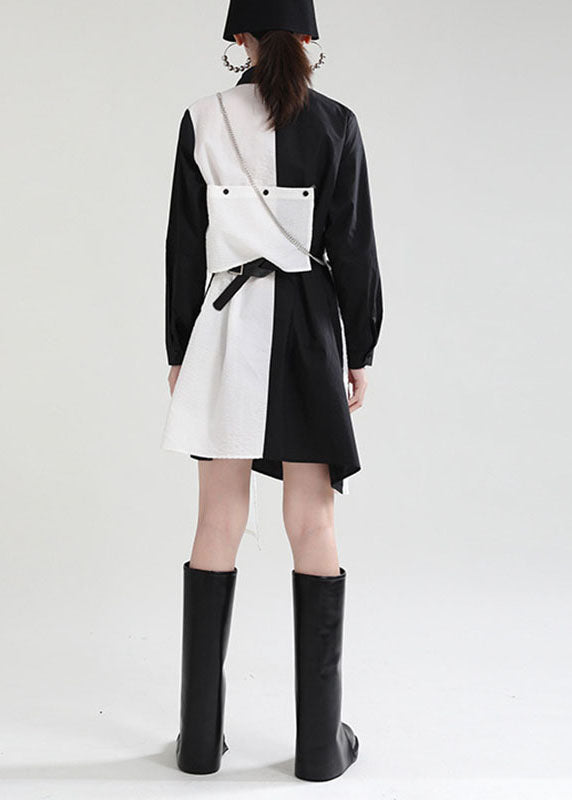 Black Asymmetrical Design Patchwork Fall Dresses Long Sleeve