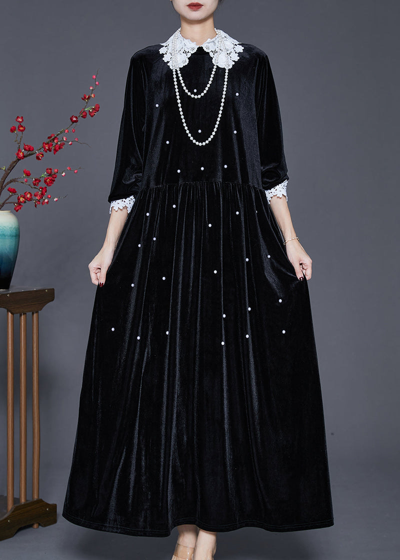 Loose Black Lace Patchwork Nail Bead Silk Velour Long Dresses Spring