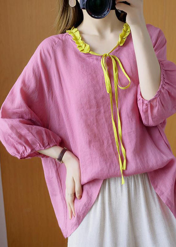French Pink Ruffled Tie Asymmetrical Design Fall Shirt Three Quarter Sleeve