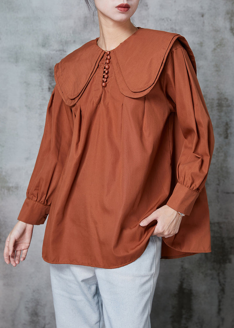 Brown Double-layer Collar Cotton Shirt Top Spring