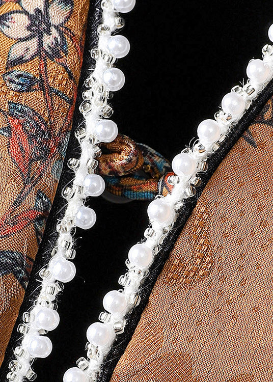 Chinese Style Yellow V Neck Print Nail Bead Wear on Both Sides Silk Coat Fall