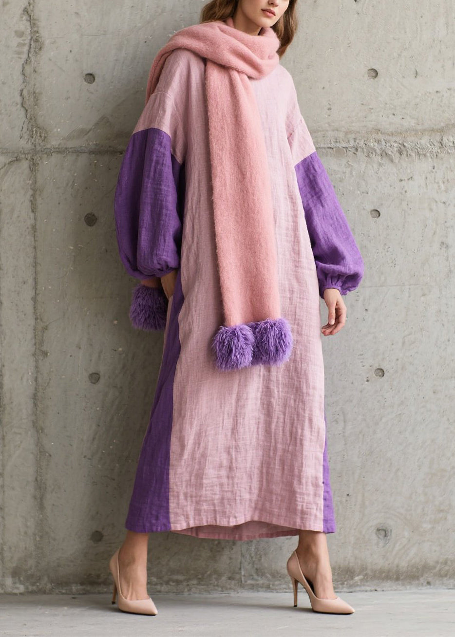 Colorblock O Neck Patchwork Cotton Dress Fall