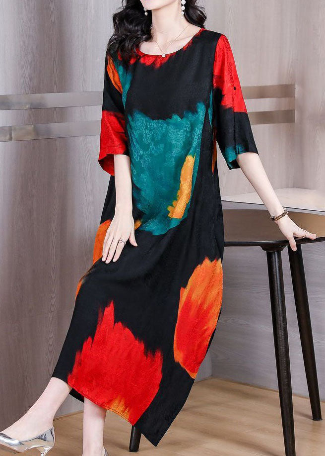 Colorblock O Neck Print Patchwork Silk Dress Summer