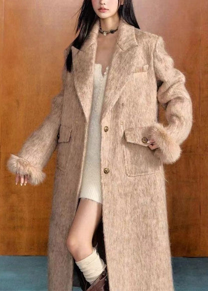 Italian Light Camel Peter Pan Collar Pockets Woolen Coat Long Sleeve