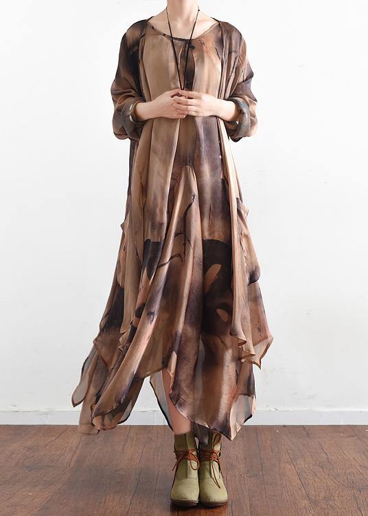 Khaki Print Asymmetrical Design Long Summer Chiffon Dress