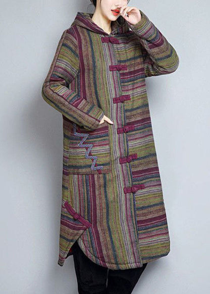 Khaki Hooded Pockets Striped Fine Cotton Filled Witner Coats