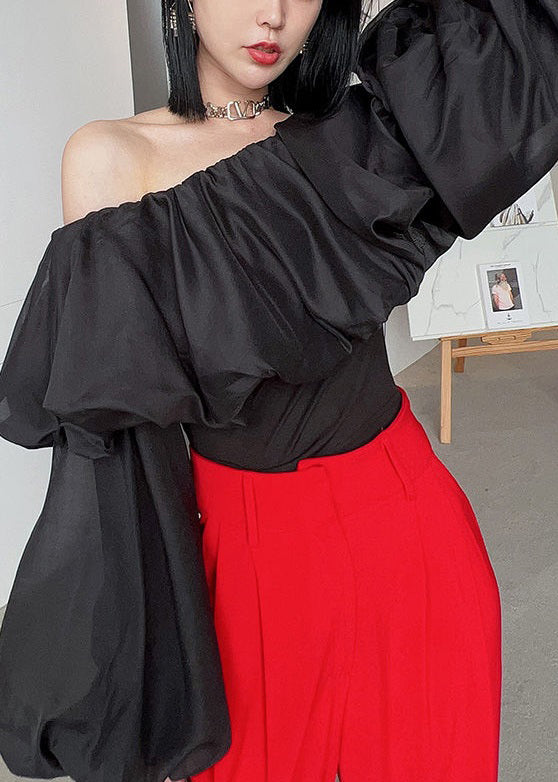 Black Cold Shoulder Wrinkled Chiffon Blouses Spring