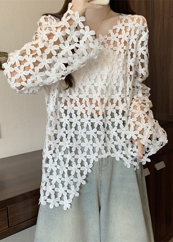 Fitted White Embroidered Hollow Out Tops Fall