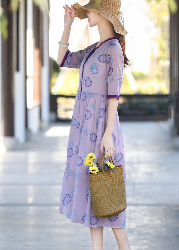 Purple V Neck Print Patchwork Wrinkled Cotton Dress Two Pieces Set Summer