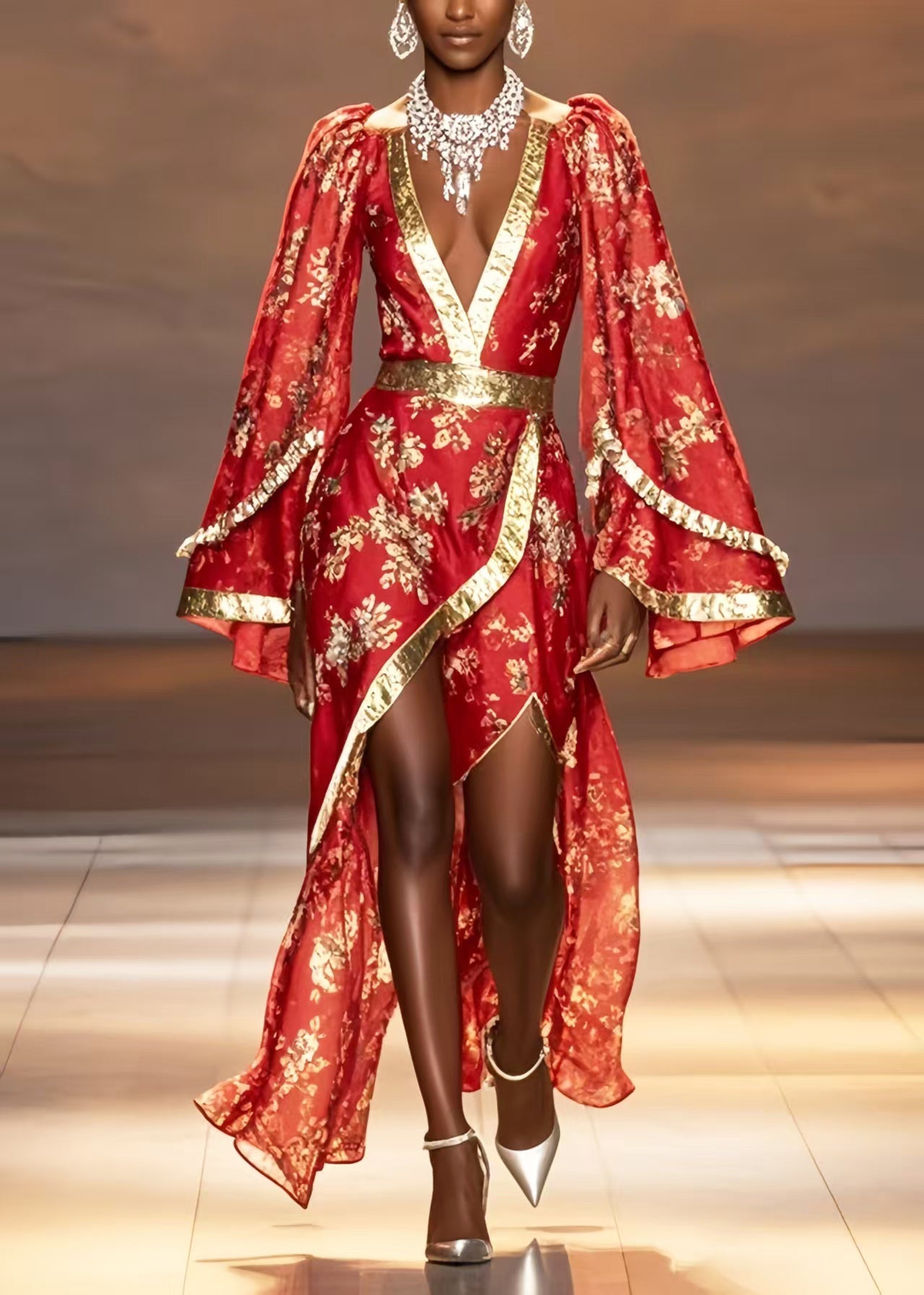 New Retro Chinese Red Asymmetrical Design Chiffon Wedding Dress Flare Sleeve Spring