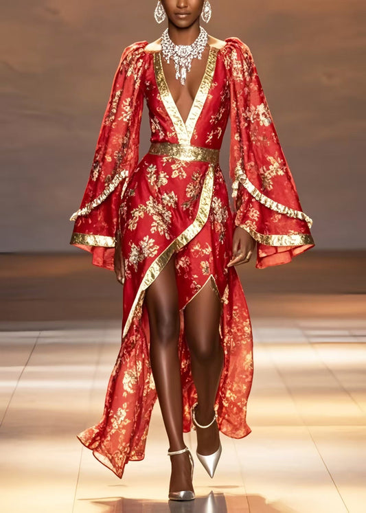 New Retro Chinese Red Asymmetrical Design Chiffon Wedding Dress Flare Sleeve Spring