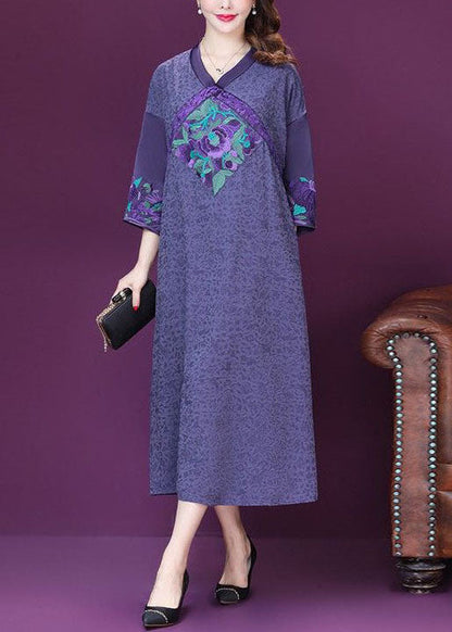 Purple Embroideried Patchwork Silk a Line Dresses Bracelet Sleeve