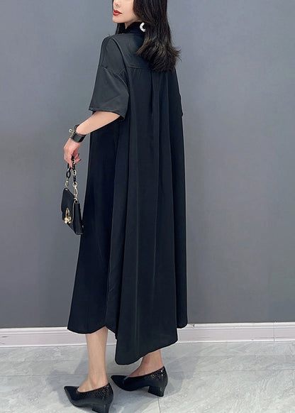 Style Black Peter Pan Collar Button Maxi Shirts Dress Summer