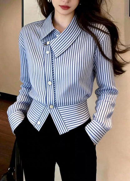 Blue Striped Peter Pan Collar Button Shirt Spring