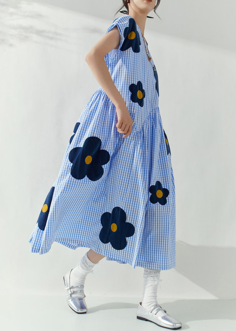 Blue O-neck Plaid Tie Waist Maxi Dresses Summer
