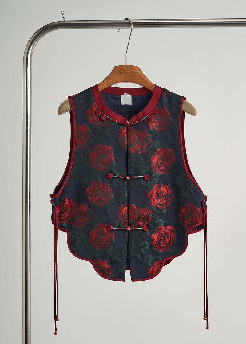 Black Chinese Button Jacquard Silk Vests Fall