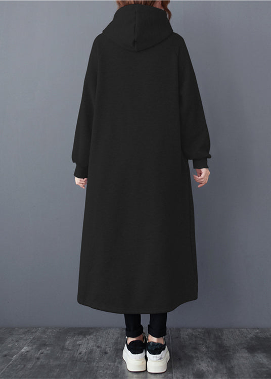 Black Hooded Patchwork Warm Fleece Long Dresses Winter